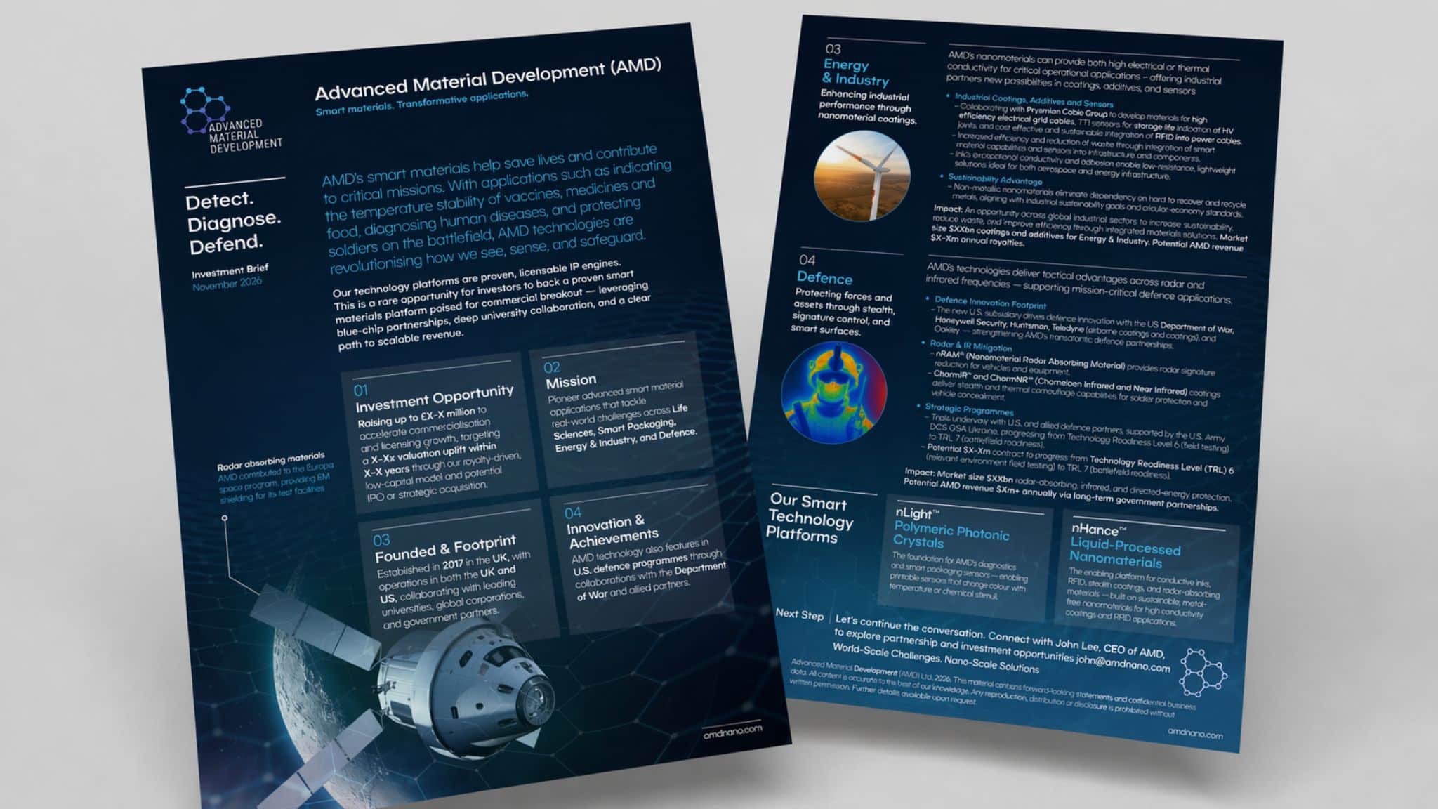 Investor brochure and defence industry branding materials including digital design and marketing communications