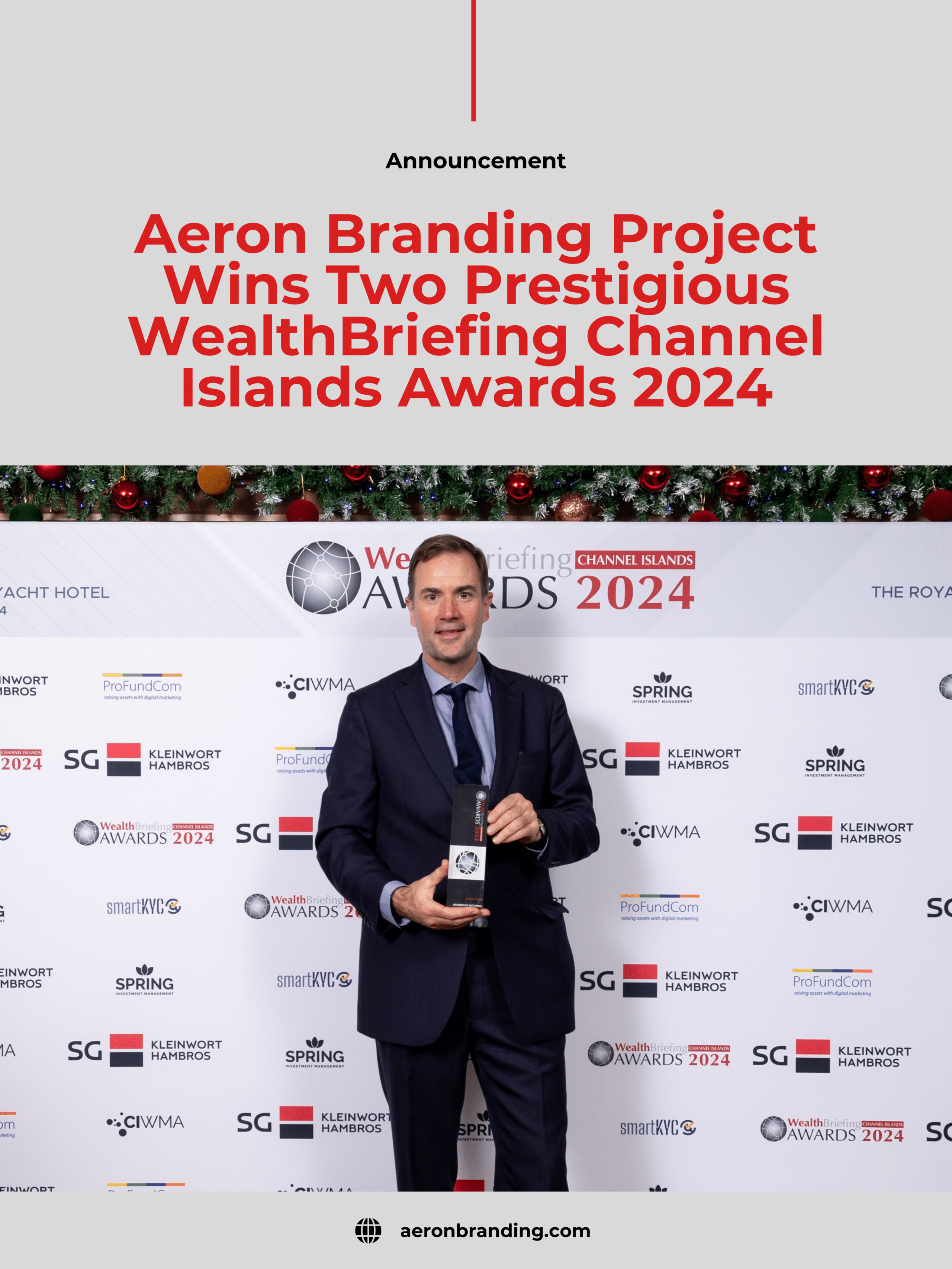 Announcement graphic marking Aeron's two wins at the WealthBriefing Channel Islands Awards 2024.