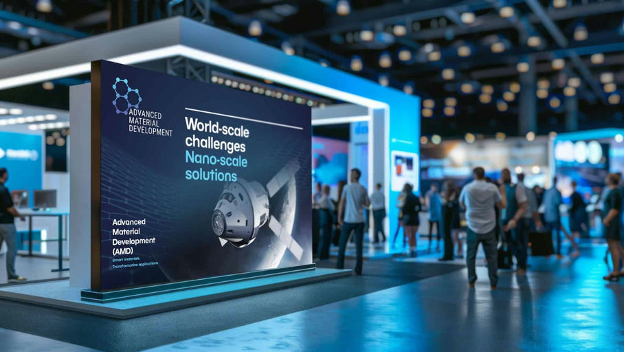 An AMD exhibition stand headed World-scale challenges, Nano-scale solutions | Defence Brand Strategy and Marketing, Advanced Material Development