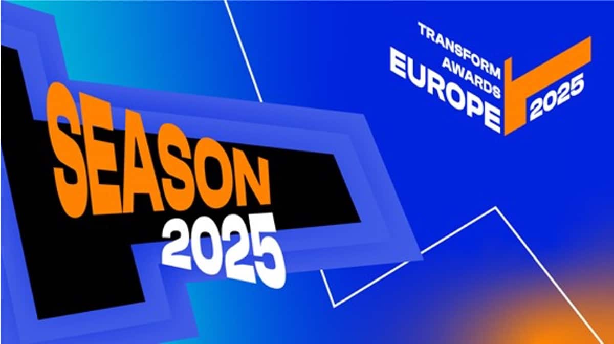 Transform Awards Europe 2025 Season title graphic in orange and blue, the awards programme where Aeron's Itriom work was recognised.