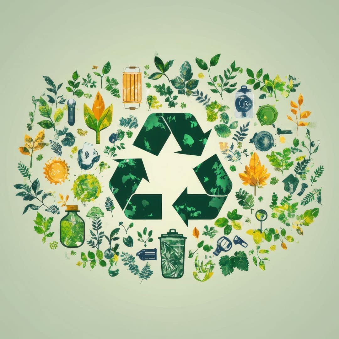A recycling symbol built from illustrated leaves, plants and reusable containers.