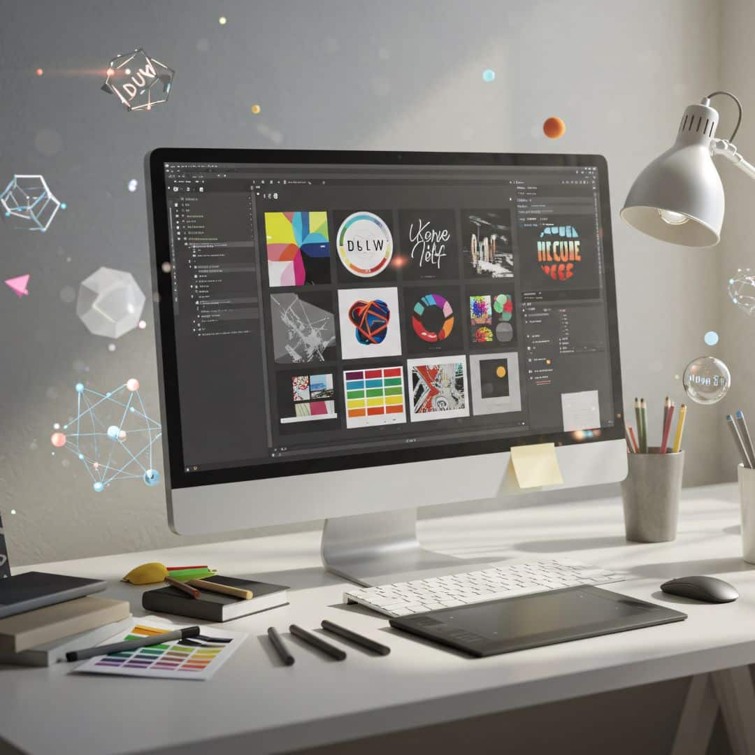 A designer's workstation with brand assets, colour swatches and layouts open on screen.