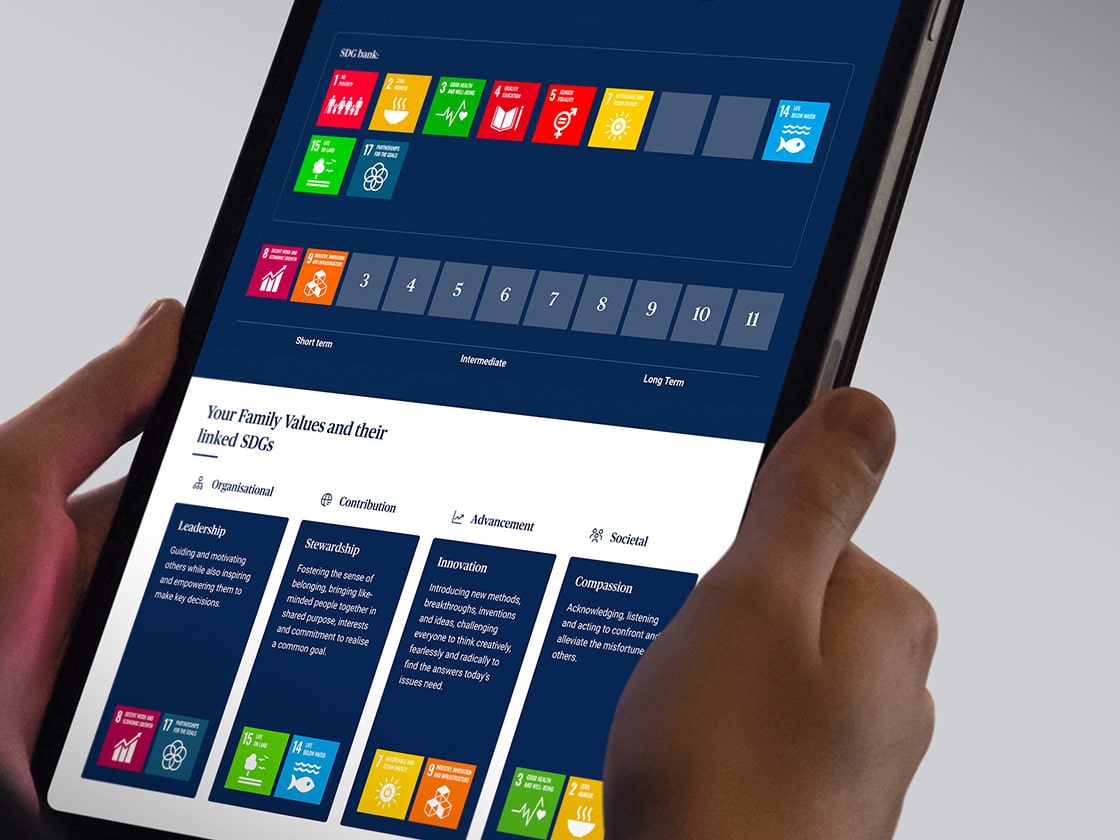 Hands holding a tablet showing the Itriom family values and linked SDGs tool | Digital Platform and Brand Experience, Itriom