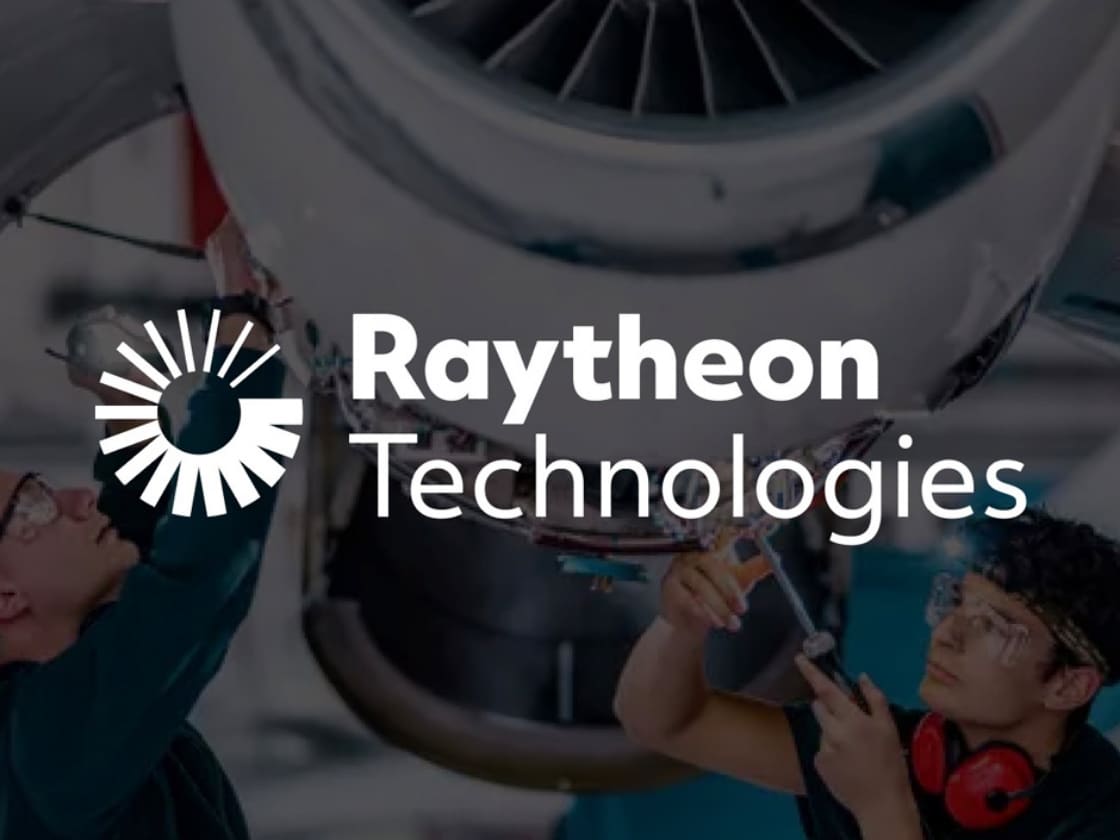 The Raytheon Technologies logo over engineers working on a jet engine | Global Brand Architecture and Naming Strategy, RTX