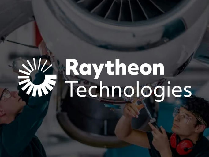 The Raytheon Technologies logo over engineers working on a jet engine | Global Brand Architecture and Naming Strategy, RTX