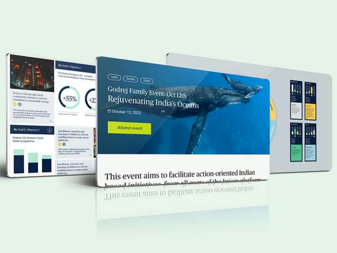 Itriom platform screens showing the Godrej family event, Rejuvenating India's Oceans | Brand Strategy and Digital Transformation, Itriom