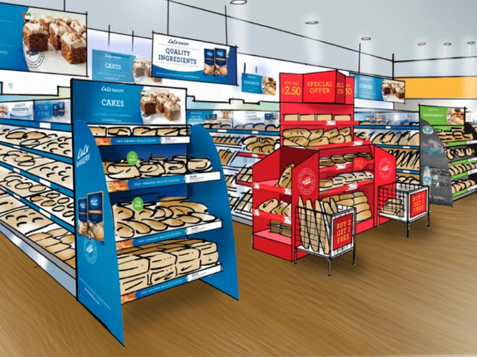 An in-store bakery aisle with branded shelf displays and promotional units | Retail Brand Experience and Environments, Grand Mills