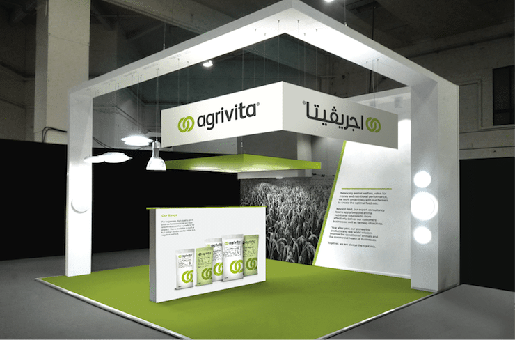 The Agrivita exhibition stand with bilingual signage and a product display wall | Brand Creation and Brand Implementation, Agrivita