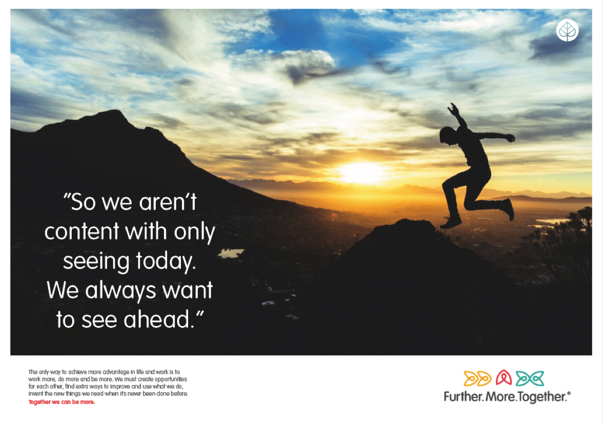 An Agthia engagement poster with a figure leaping at sunrise under a Further, More, Together endline | Brand Engagement and Internal Communications, Agthia