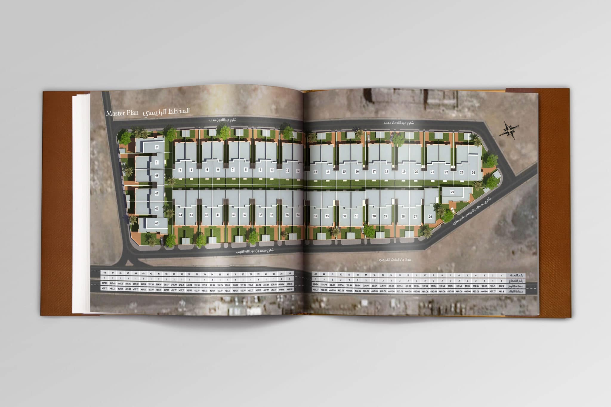 A brochure spread showing the development master plan over an aerial photograph | Real Estate Brand Communications, Saudi Arabia