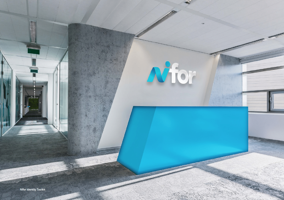 The Nifor reception with the illuminated logo above a blue desk in a concrete lobby | Brand Strategy and Visual Identity, Nifor