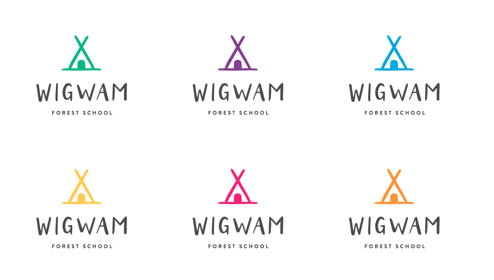 The Wigwam tipi logomark shown in six colourways across a grid | Education Brand Design, Wigwam Forest School