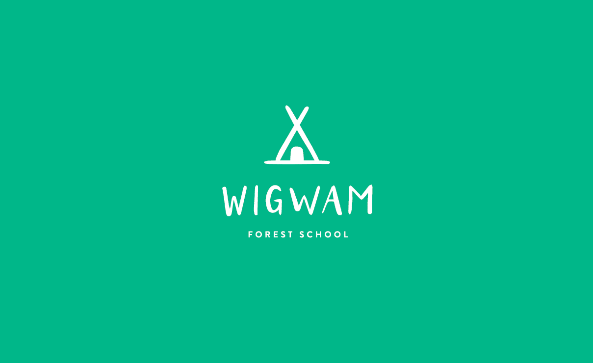 The Wigwam Forest School logotype reversed in white on the brand green | Education Brand Design, Wigwam Forest School