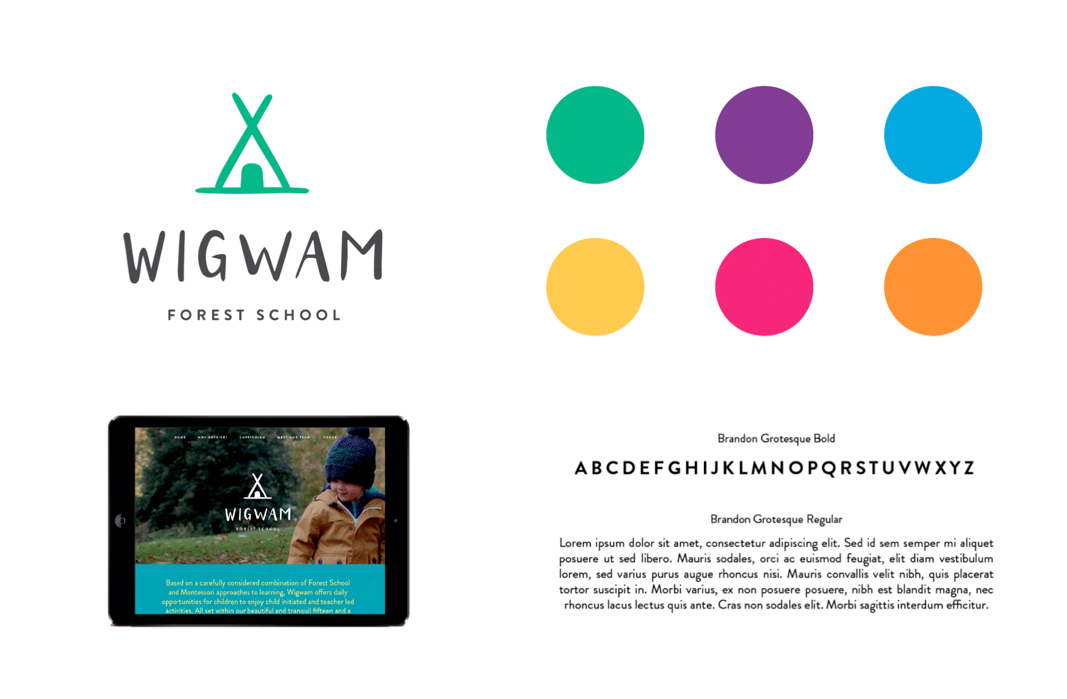 The Wigwam logo shown with its six-colour palette and Brandon Grotesque typeface | Education Brand Design, Wigwam Forest School
