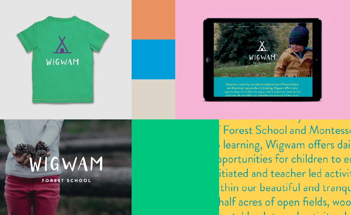 Wigwam identity applied to a child's t-shirt, the website on tablet and outdoor photography | Education Brand Design, Wigwam Forest School