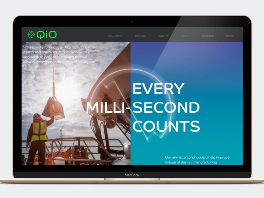 The QiO Technologies website on a laptop with an Every Millisecond Counts headline | Technology Brand Strategy and Digital Identity, QiO