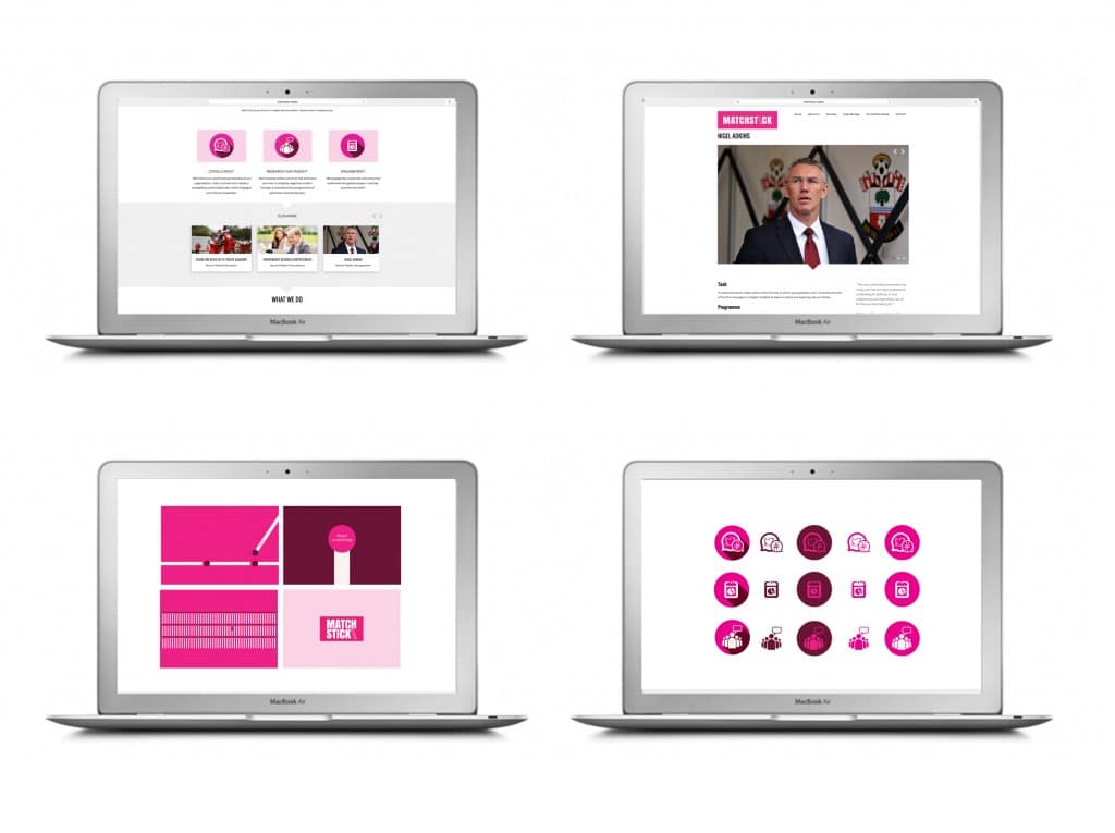 Four Matchstick Media website pages on laptops in the brand's pink and burgundy | Sports and Education Brand Creation, Matchstick Media