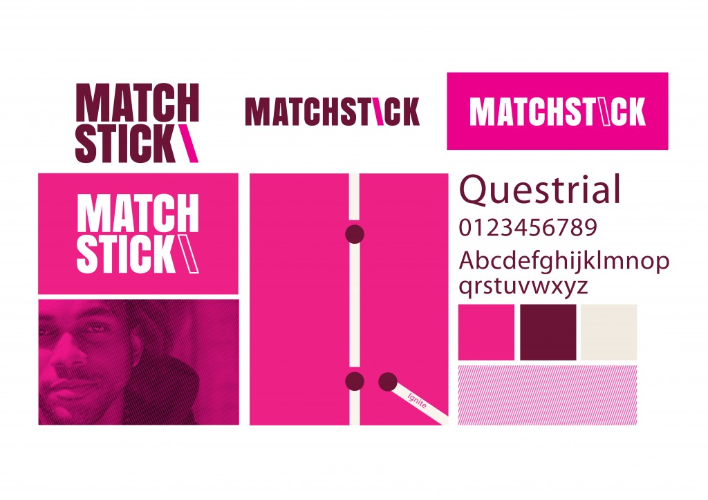 The Matchstick identity shown with logo lockups, the Questrial typeface and colour palette | Sports and Education Brand Creation, Matchstick Media