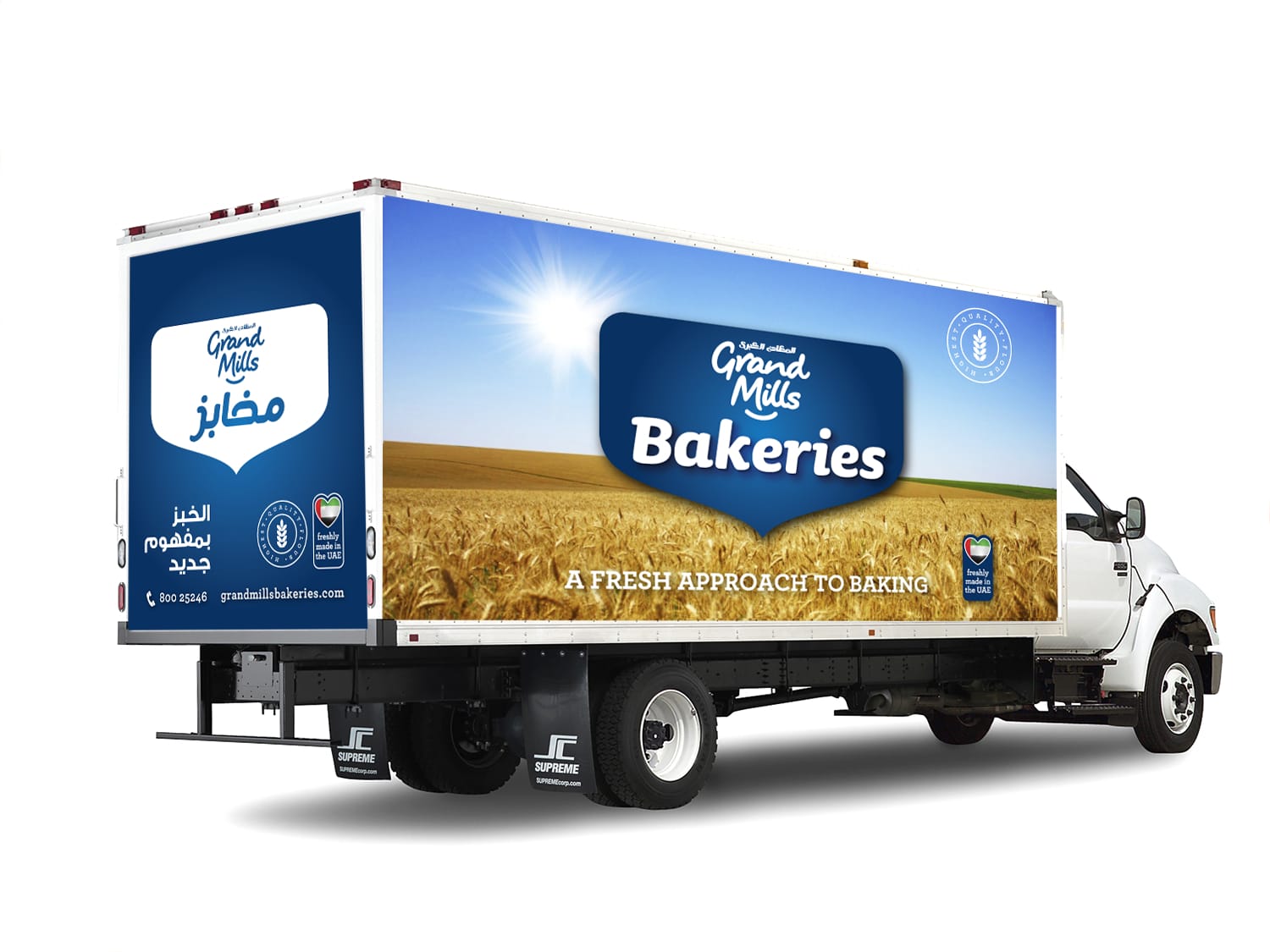 A Grand Mills Bakeries delivery truck in full livery over a wheatfield graphic | Bakery Brand Creation and Packaging, Grand Mills