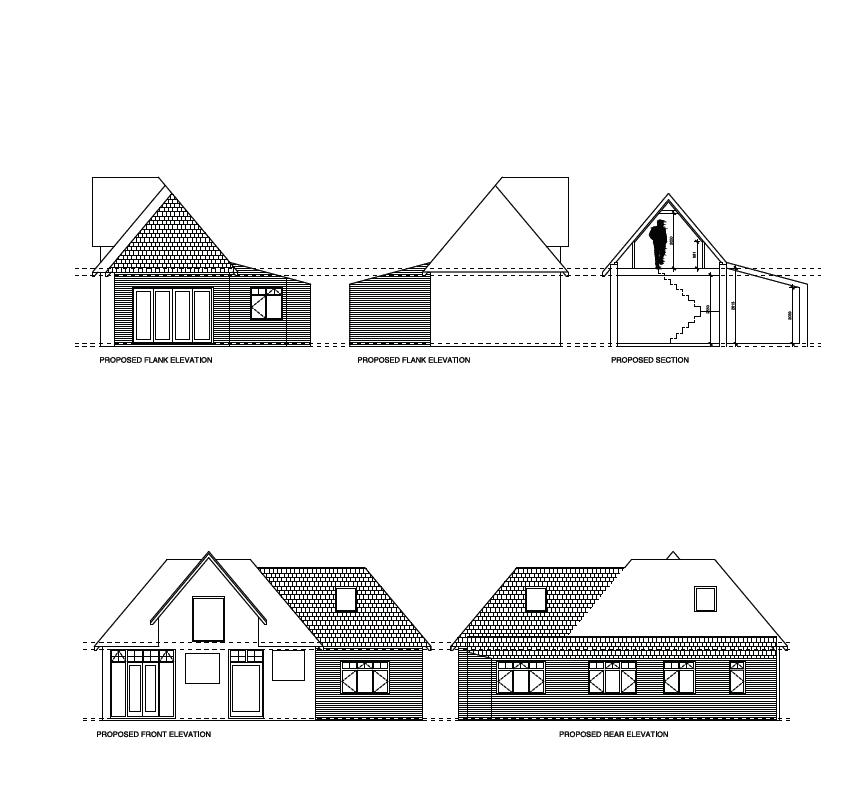 Proposed front, rear, flank and section elevation drawings for the Old Coach House | Hospitality Brand Identity, Nyewood Oaks
