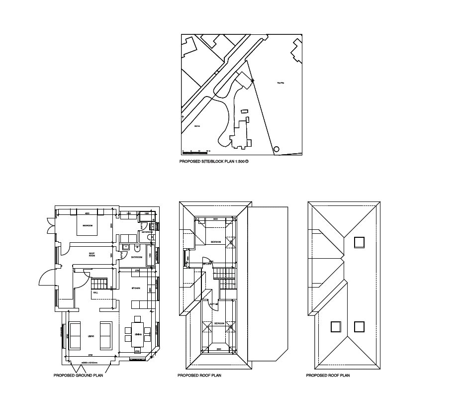 Architectural site block plan, ground plan and roof plans for the Old Coach House | Hospitality Brand Identity, Nyewood Oaks