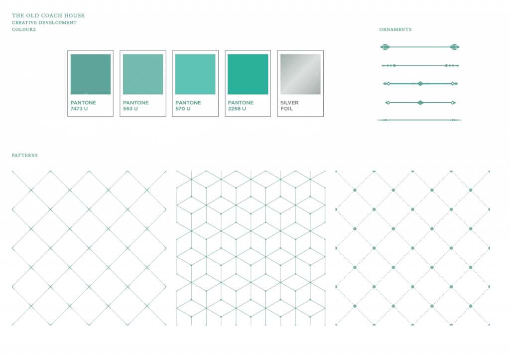 The Old Coach House colour palette in four teal Pantones with silver foil and line patterns | Hospitality Brand Identity, Nyewood Oaks