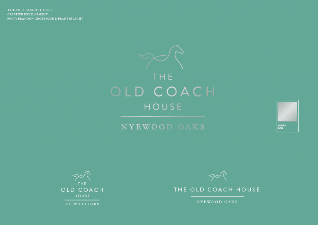 The Old Coach House logotype and horse emblem shown in three lockups on brand teal | Hospitality Brand Identity, Nyewood Oaks