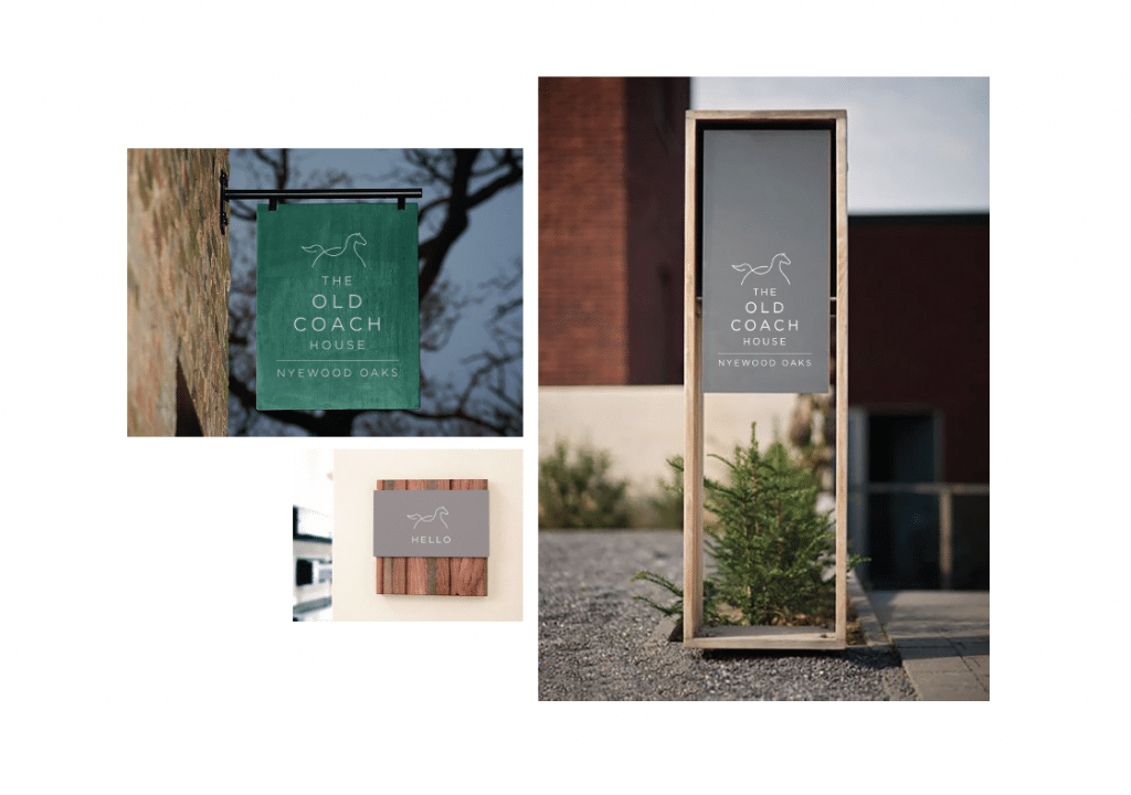 The Old Coach House signage shown as a hanging sign, a freestanding board and a timber plaque | Hospitality Brand Identity, Nyewood Oaks