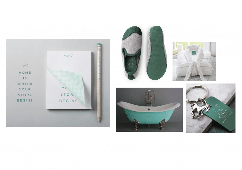 Old Coach House guest collateral including notecards, slippers, robes, a bath and a keyring fob | Hospitality Brand Identity, Nyewood Oaks