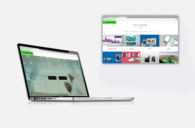The Charisma website shown on a laptop and browser window at the Creative Solutions page | Reputation Brand Strategy, Charisma