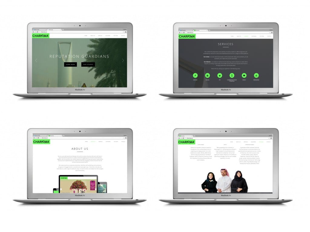 Four Charisma website pages on laptops covering reputation, services, about and team | Reputation Brand Strategy, Charisma