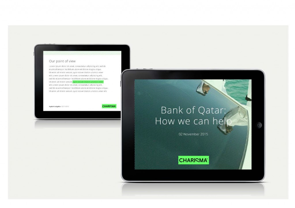 A Charisma credentials presentation on two tablets, open at a Bank of Qatar pitch | Reputation Brand Strategy, Charisma