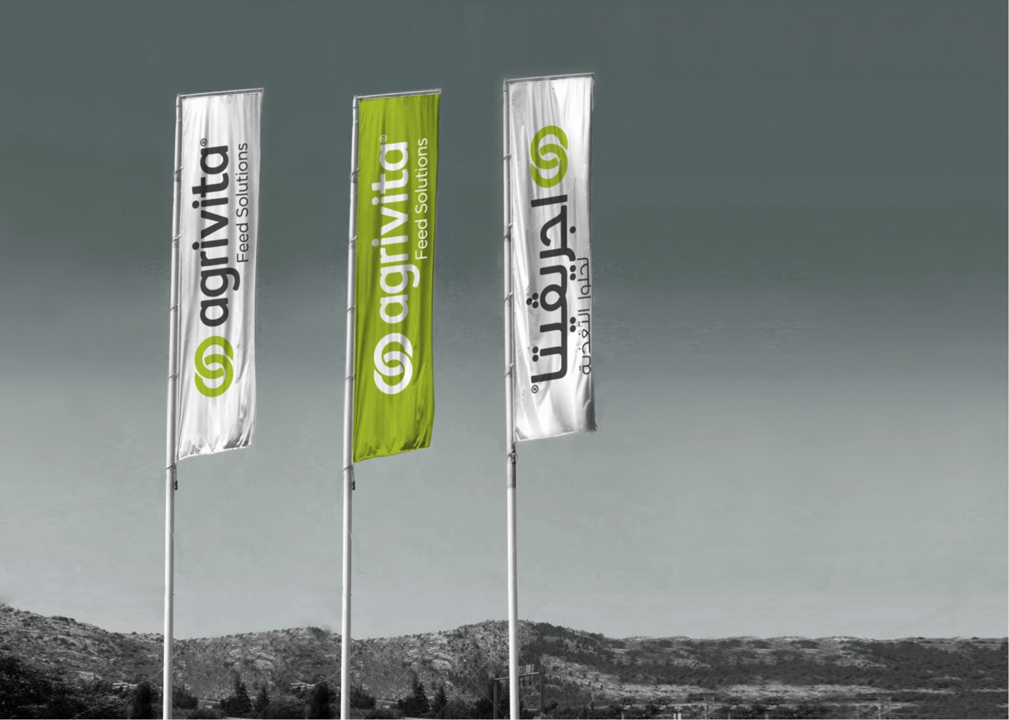 Agrivita branded flags flying above a mountain landscape | Animal Feed Brand Creation, Agrivita