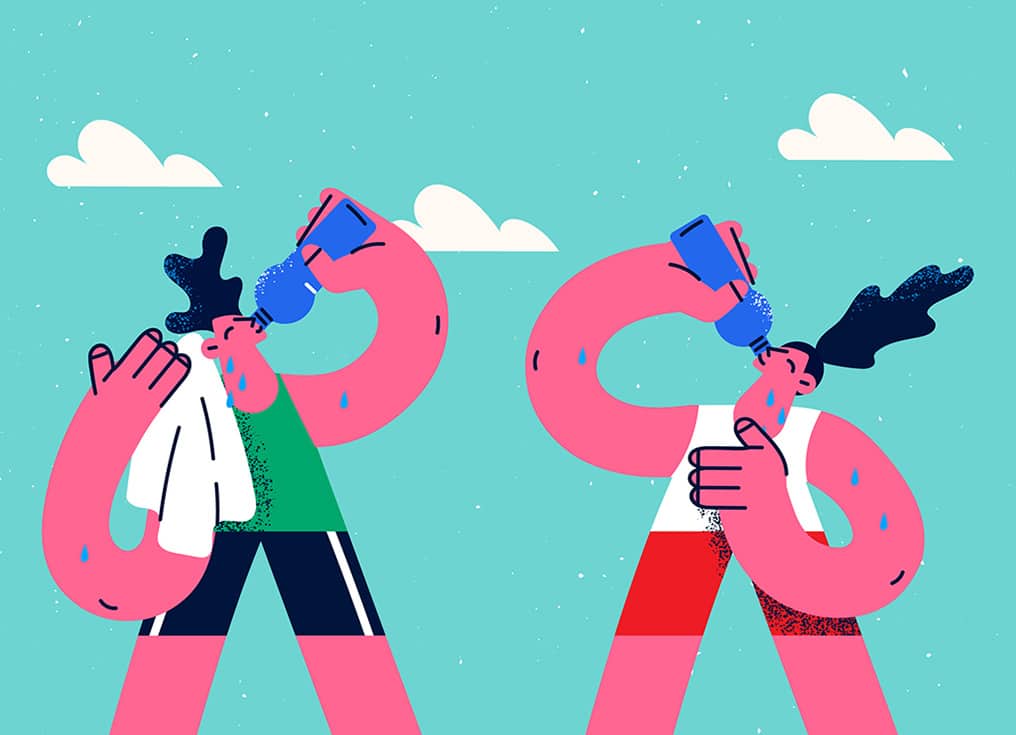 An illustration of two figures drinking bottled water outdoors, on sustainability in water branding.