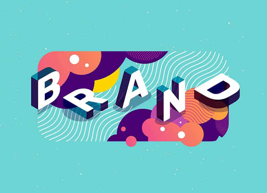A three-dimensional illustration of the word BRAND set against abstract shapes and line patterns.