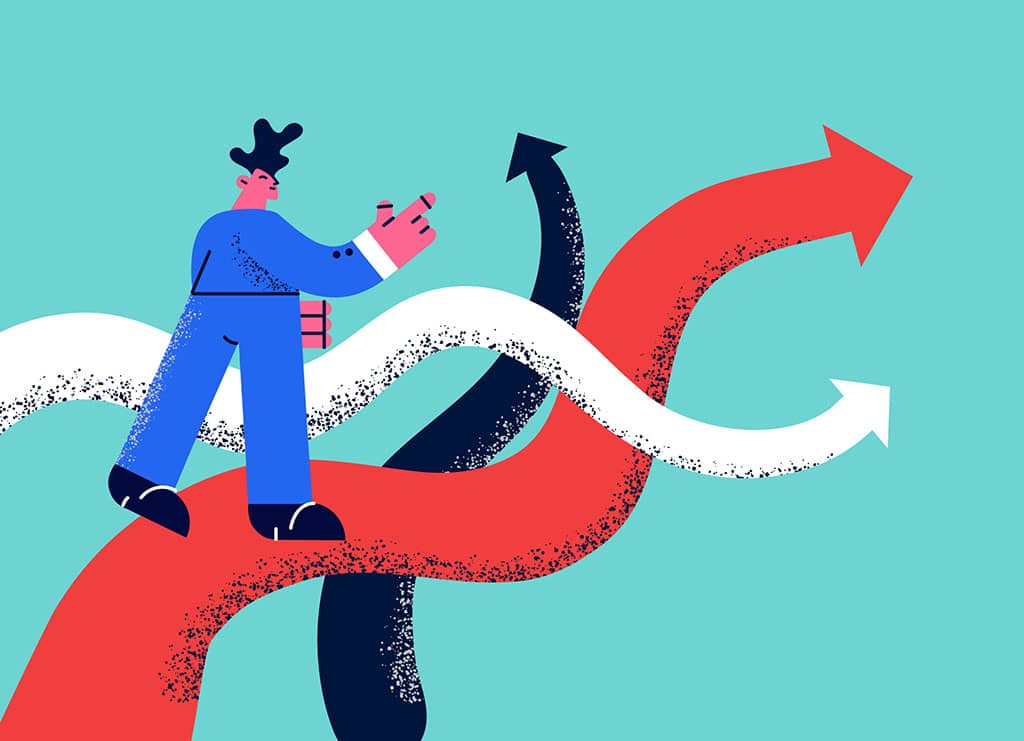 An illustration of a figure walking along converging arrows, representing partners aligning on a shared direction.