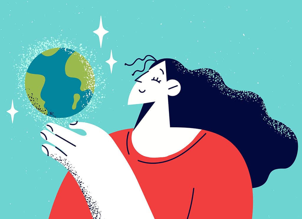 An illustration of a woman cradling a glowing planet Earth, representing sustainable brand building.