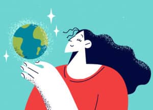 An illustration of a woman cradling a glowing planet Earth, representing sustainable brand building.