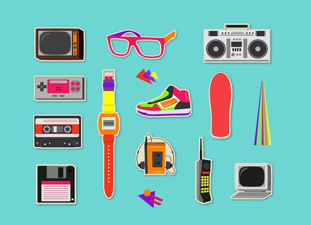 An illustrated collection of retro objects including a cassette, boombox, games controller and floppy disk.