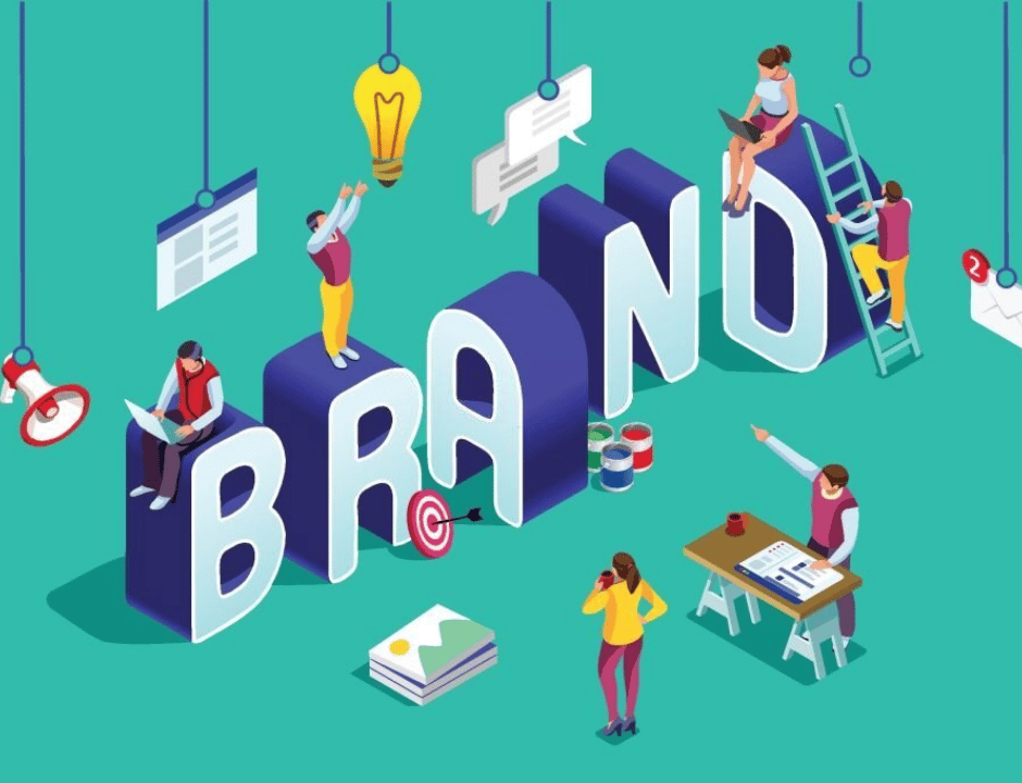 An isometric illustration of people building and painting oversized BRAND letters.