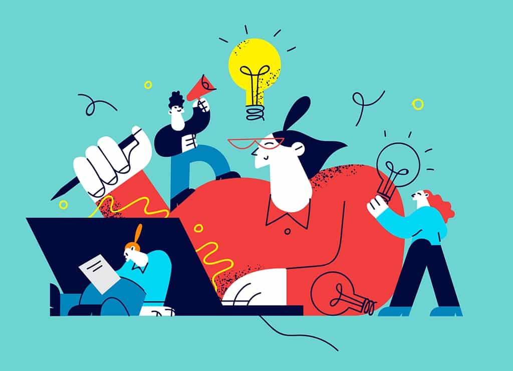 A flat illustration of a team generating ideas together, with lightbulbs, megaphones and laptops.