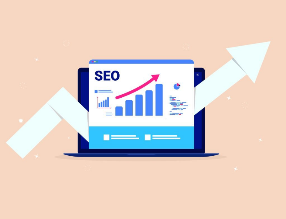 An illustration of an SEO dashboard on a laptop with a rising performance graph and upward arrows.