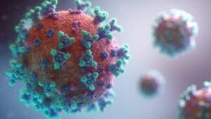 A rendering of coronavirus particles, illustrating the market conditions brands had to navigate through the pandemic.