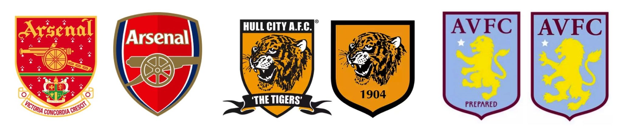 Football club crests shown before and after redesign for Arsenal, Hull City and Aston Villa.