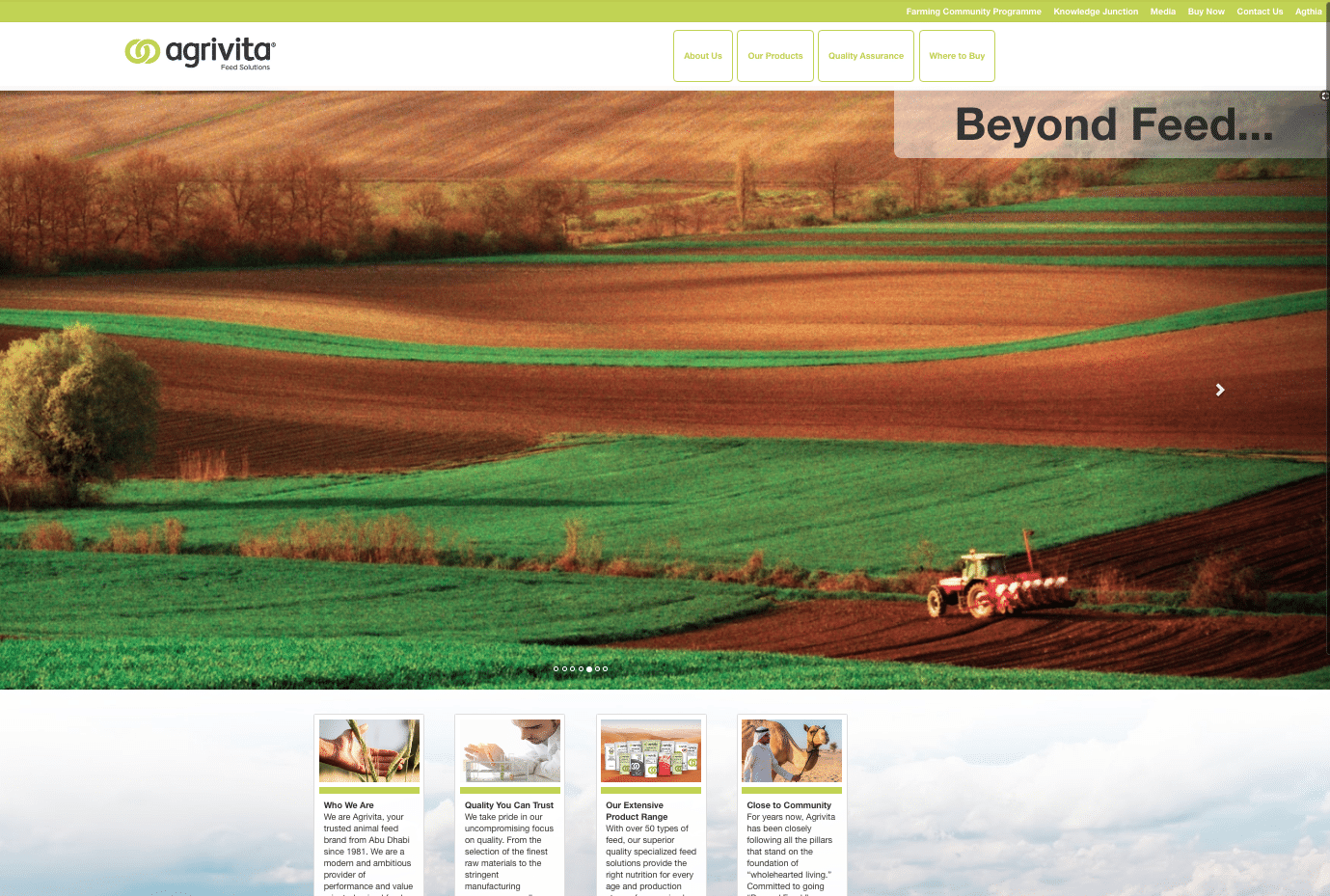 The Agrivita website homepage, with a Beyond Feed headline over an aerial photograph of ploughed farmland.