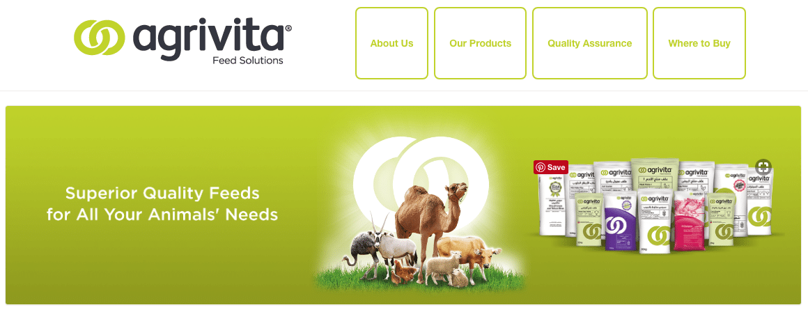 The Agrivita website header showing the navigation and a Superior Quality Feeds banner with the product range.