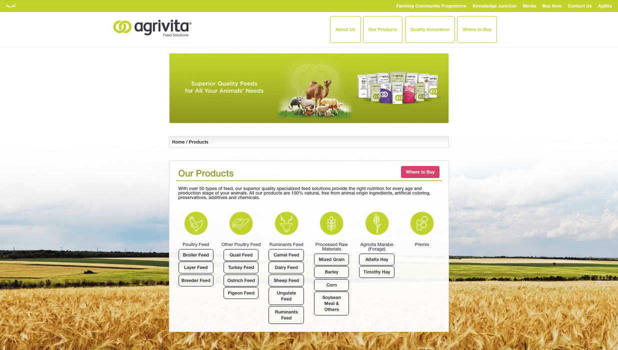 The Agrivita website products page, listing feed categories over a photograph of a wheat field.