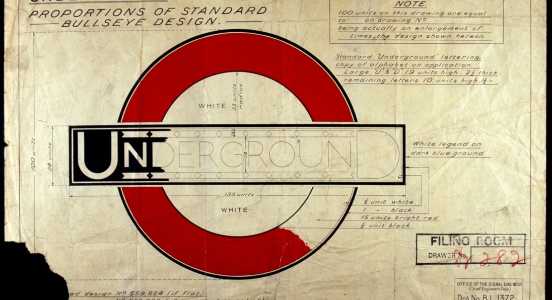 The original technical drawing setting out the proportions of the London Underground roundel and its lettering.