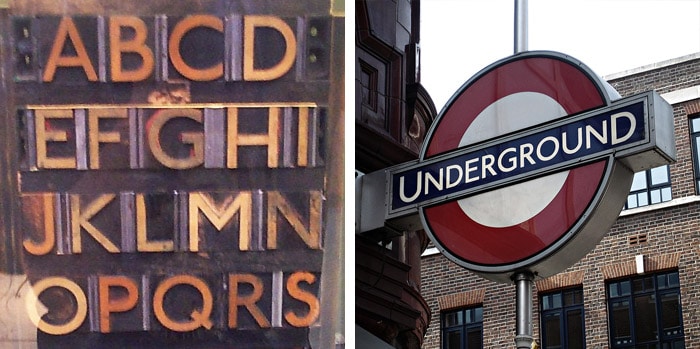 Wooden letterpress type beside a London Underground station sign, contrasting historic and modern place lettering.
