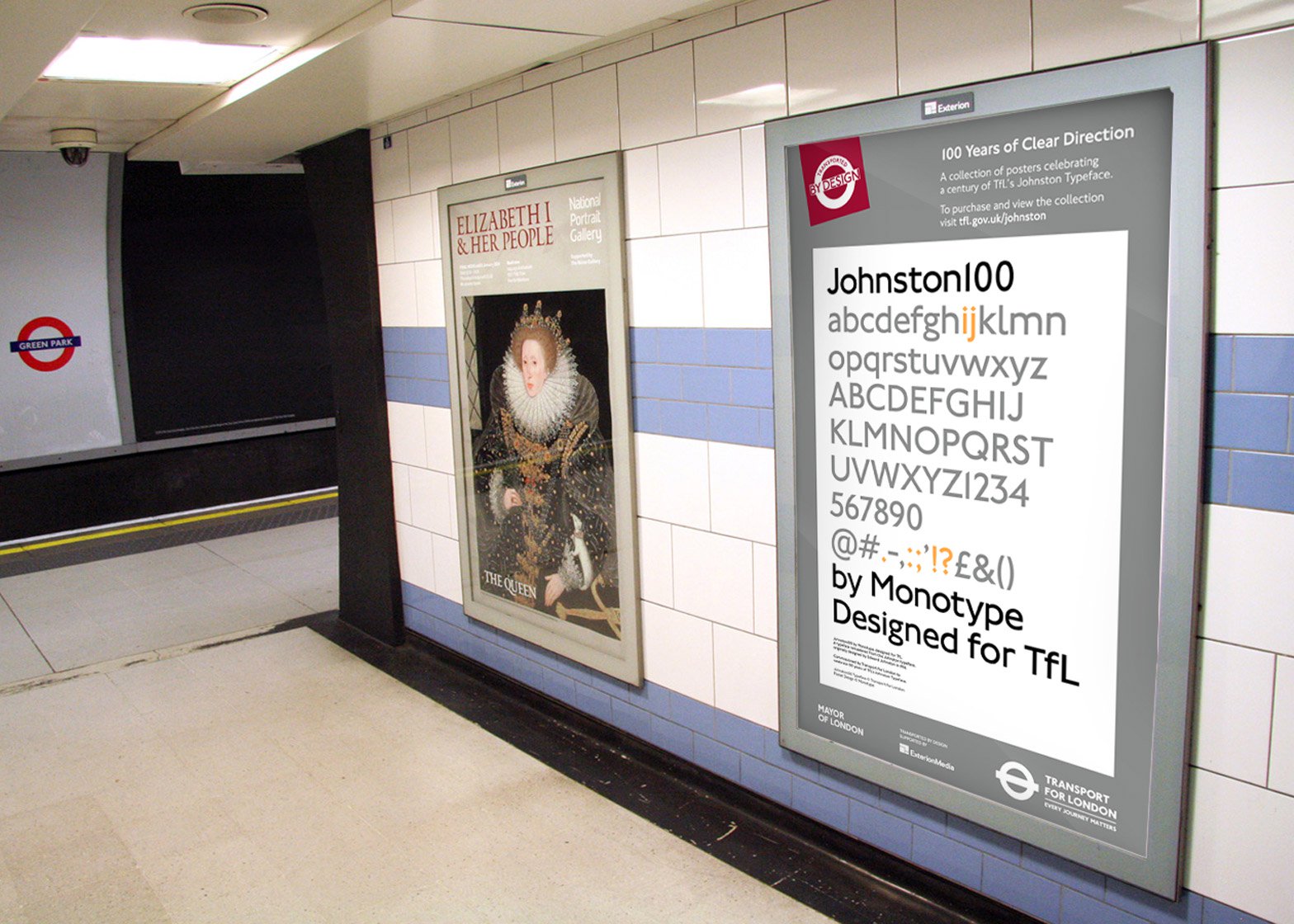 A Johnston100 poster by Monotype for Transport for London displayed on a tiled Underground platform wall.